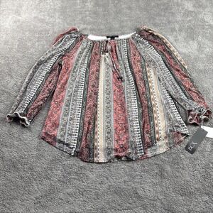 BCX Juniors' Printed Cold-Shoulder Top Size Medium Pink Gray‎ Tan